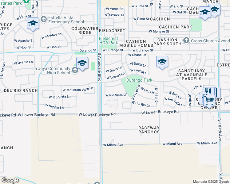 map of restaurants, bars, coffee shops, grocery stores, and more near 2544 South 114th Avenue in Avondale