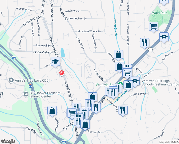 map of restaurants, bars, coffee shops, grocery stores, and more near 2563 Mountain Lodge Circle in Vestavia Hills