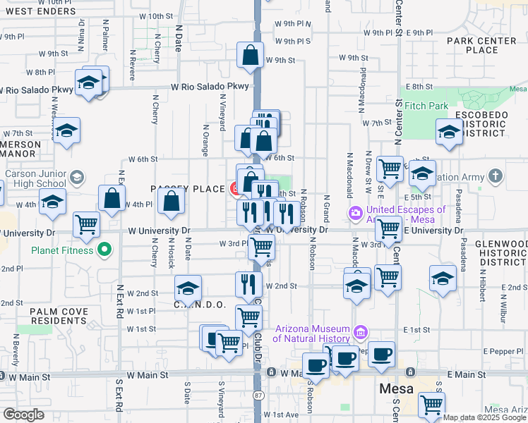map of restaurants, bars, coffee shops, grocery stores, and more near 424 Arizona 87 in Mesa