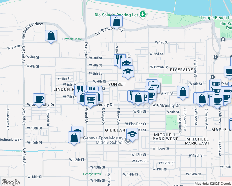 map of restaurants, bars, coffee shops, grocery stores, and more near 750 South Beck Avenue in Tempe