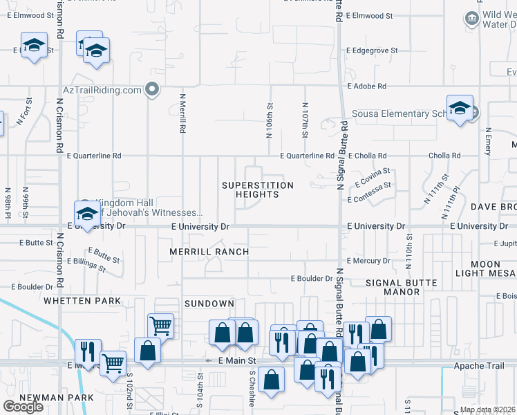 map of restaurants, bars, coffee shops, grocery stores, and more near 10543 East Cicero Street in Mesa