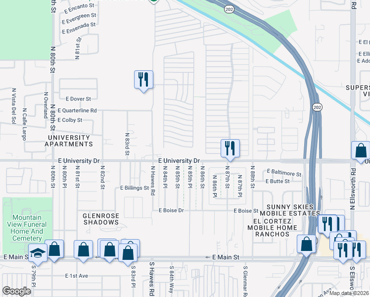 map of restaurants, bars, coffee shops, grocery stores, and more near Ln 2800 in Mesa