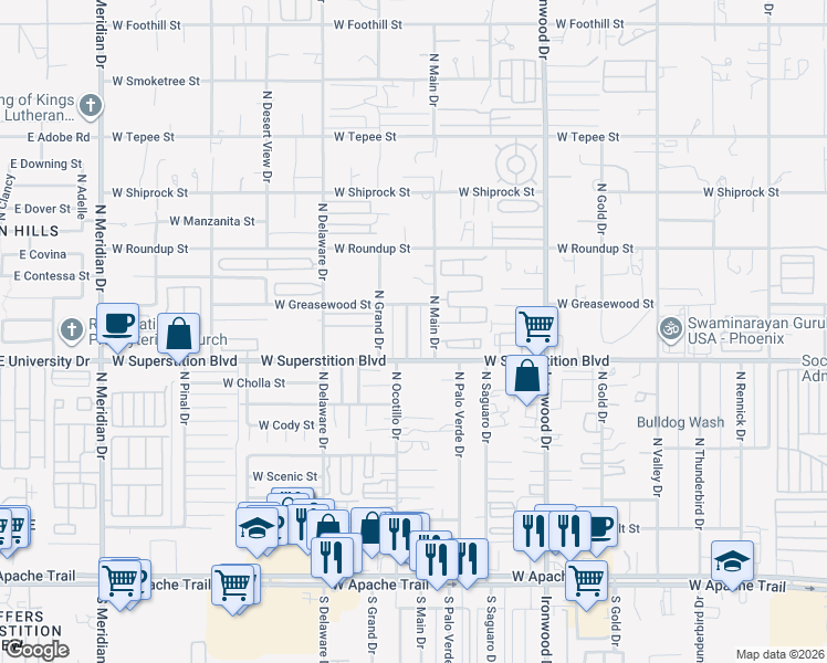 map of restaurants, bars, coffee shops, grocery stores, and more near 885 North Ocotillo Drive in Apache Junction