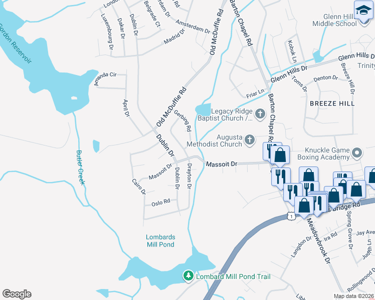 map of restaurants, bars, coffee shops, grocery stores, and more near 2526 Drayton Drive in Augusta