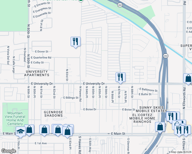 map of restaurants, bars, coffee shops, grocery stores, and more near Ln 3000 in Mesa