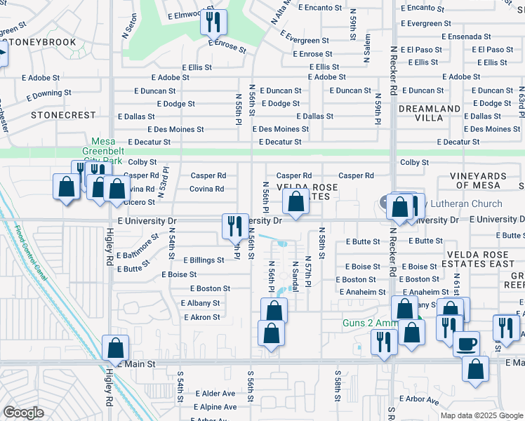 map of restaurants, bars, coffee shops, grocery stores, and more near 5628 East University Drive in Mesa