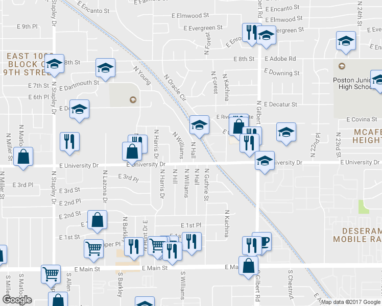 map of restaurants, bars, coffee shops, grocery stores, and more near in Mesa