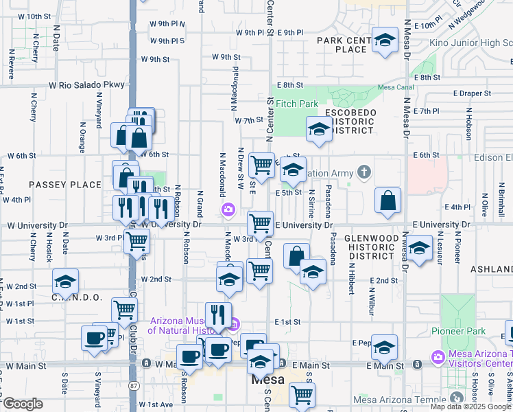 map of restaurants, bars, coffee shops, grocery stores, and more near 419 North Drew Street West in Mesa