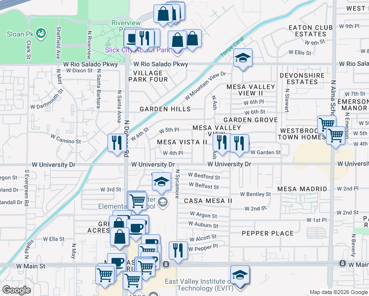 map of restaurants, bars, coffee shops, grocery stores, and more near 435 North Cholla in Mesa