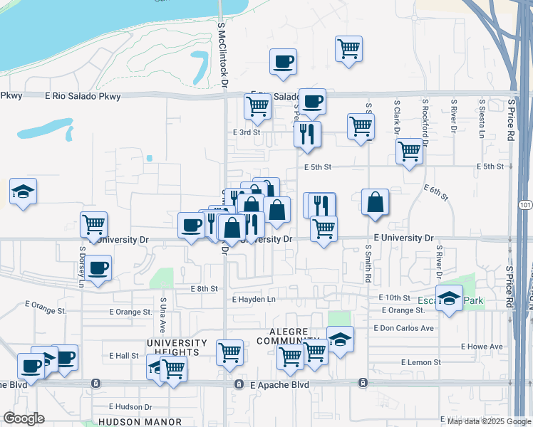 map of restaurants, bars, coffee shops, grocery stores, and more near 687-707 South Hacienda Drive in Tempe