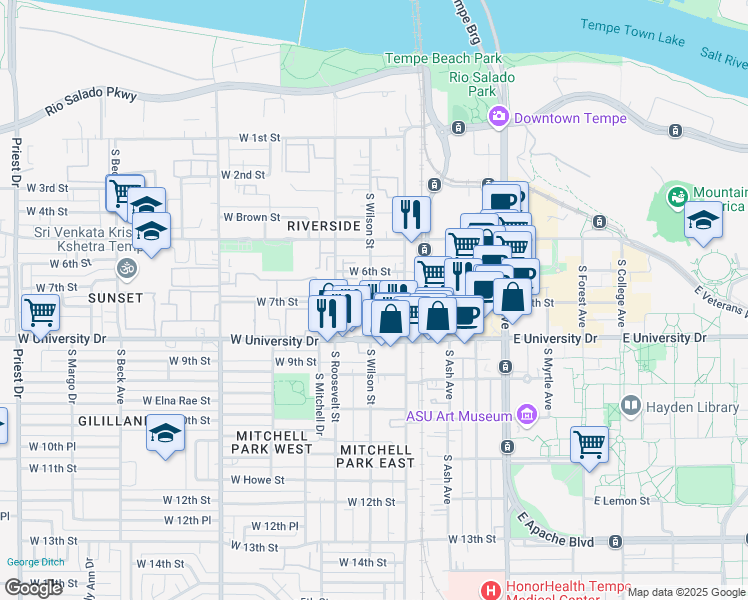 map of restaurants, bars, coffee shops, grocery stores, and more near 407 West 7th Street in Tempe