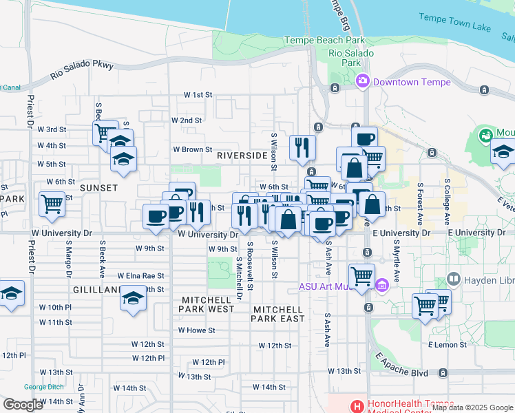 map of restaurants, bars, coffee shops, grocery stores, and more near 701 South Roosevelt Street in Tempe