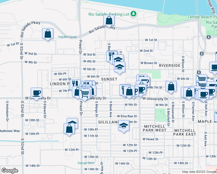 map of restaurants, bars, coffee shops, grocery stores, and more near 750 South Beck Avenue in Tempe