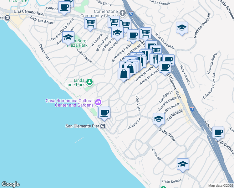 map of restaurants, bars, coffee shops, grocery stores, and more near in San Clemente