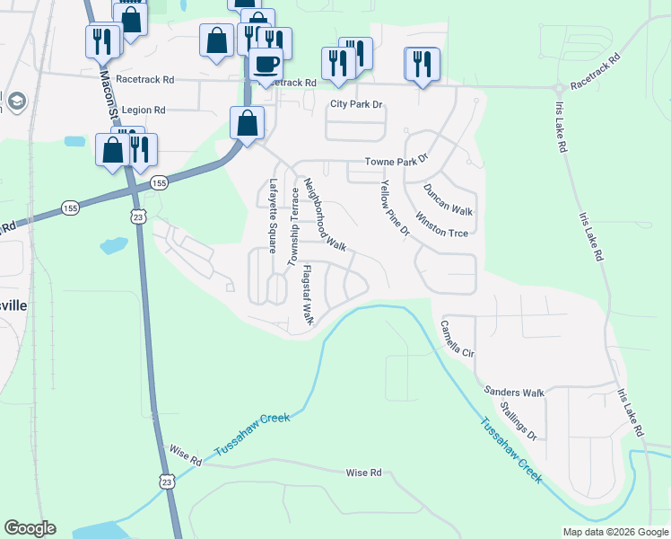 map of restaurants, bars, coffee shops, grocery stores, and more near 4035 Mission Way in McDonough
