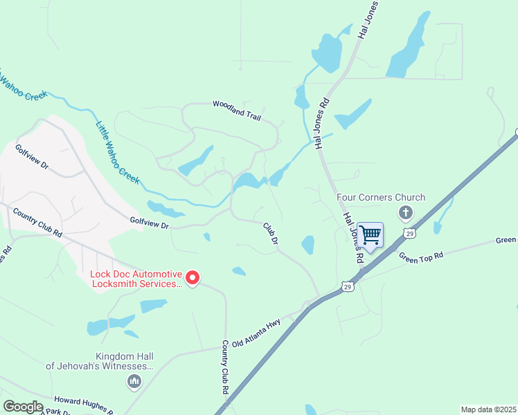 map of restaurants, bars, coffee shops, grocery stores, and more near 5 Golf Club Drive in Newnan