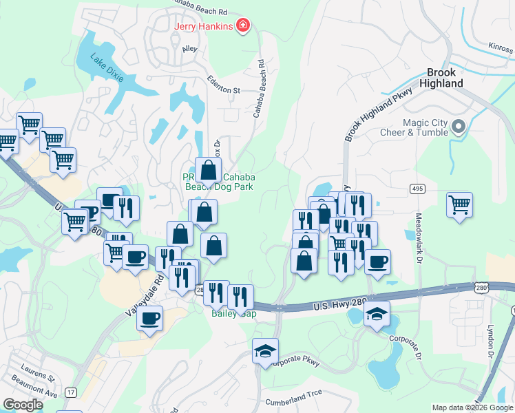 map of restaurants, bars, coffee shops, grocery stores, and more near 4114 Eagle Ridge Court in Birmingham
