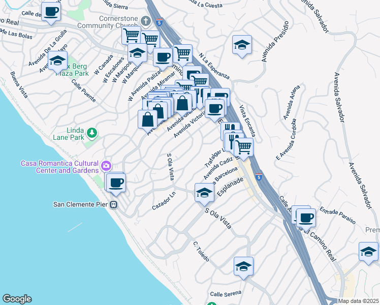 map of restaurants, bars, coffee shops, grocery stores, and more near 315 Avenida Santa Barbara in San Clemente
