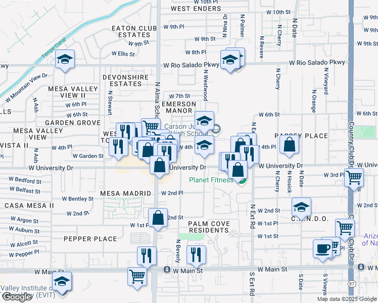 map of restaurants, bars, coffee shops, grocery stores, and more near 1043 West 4th Place in Mesa