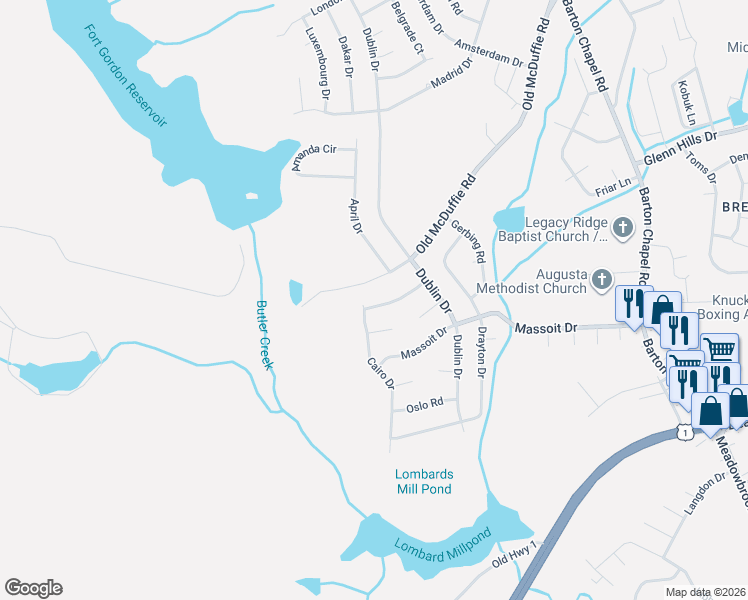 map of restaurants, bars, coffee shops, grocery stores, and more near 3718 Stockholm Drive in Augusta