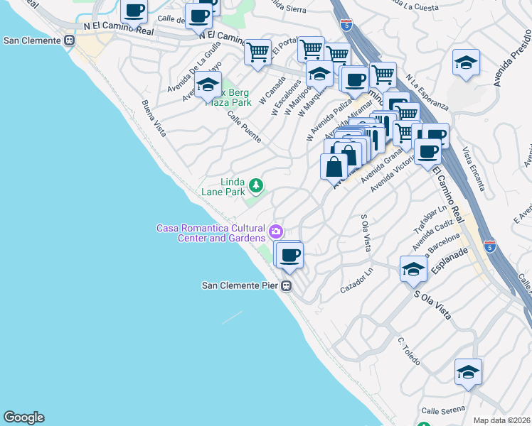 map of restaurants, bars, coffee shops, grocery stores, and more near 407 Arenoso Lane in San Clemente