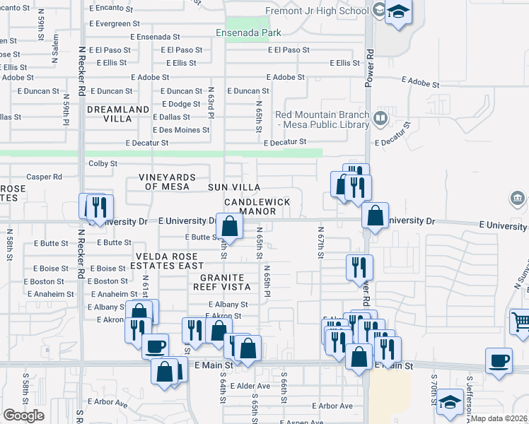 map of restaurants, bars, coffee shops, grocery stores, and more near 6512 East University Drive in Mesa