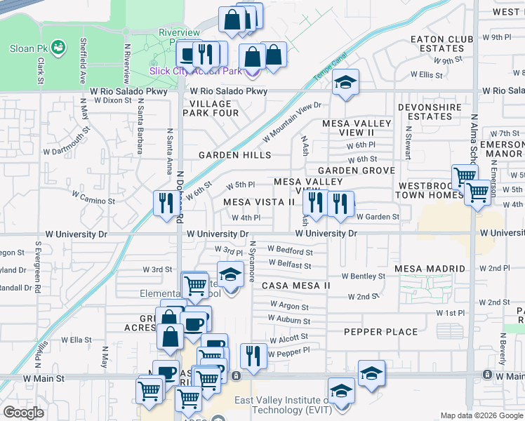 map of restaurants, bars, coffee shops, grocery stores, and more near 435 North Cholla in Mesa