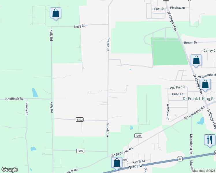 map of restaurants, bars, coffee shops, grocery stores, and more near 21 Proetz Road in Wake Village