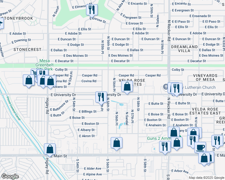 map of restaurants, bars, coffee shops, grocery stores, and more near 5628 East University Drive in Mesa