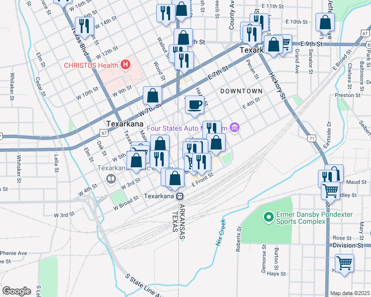 map of restaurants, bars, coffee shops, grocery stores, and more near 300 Olive Street in Texarkana