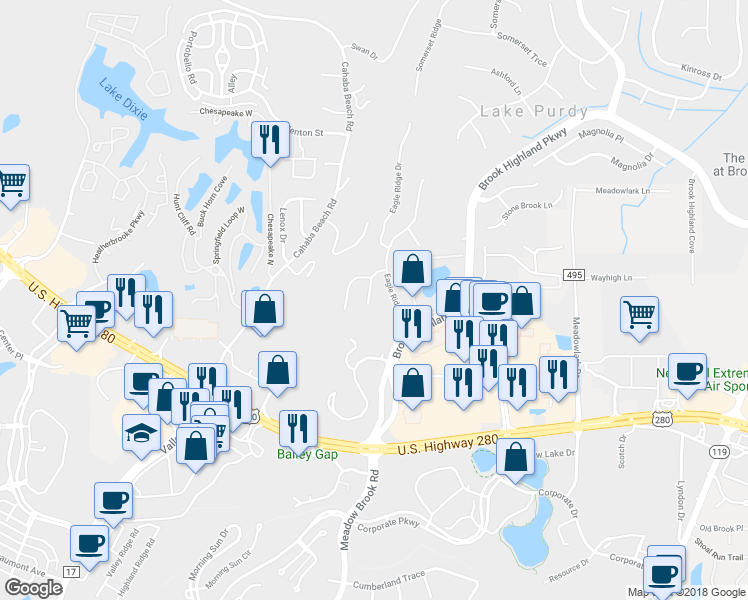 map of restaurants, bars, coffee shops, grocery stores, and more near 3047 Eagle Ridge Lane in Birmingham