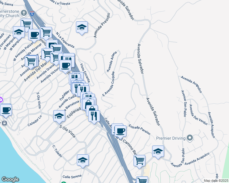 map of restaurants, bars, coffee shops, grocery stores, and more near 1207 Via La Mesa in San Clemente