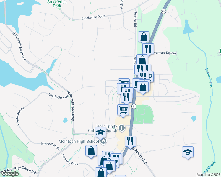 map of restaurants, bars, coffee shops, grocery stores, and more near 131 Maple Grove Terrace in Peachtree City