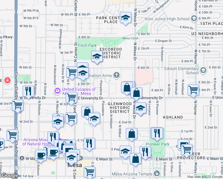 map of restaurants, bars, coffee shops, grocery stores, and more near 414 North Hibbert in Mesa