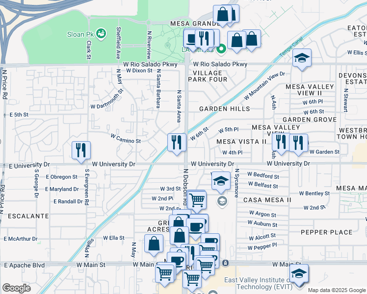 map of restaurants, bars, coffee shops, grocery stores, and more near 442 North Dobson Road in Mesa