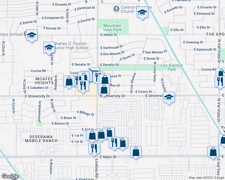 map of restaurants, bars, coffee shops, grocery stores, and more near 2830 East University Drive in Mesa