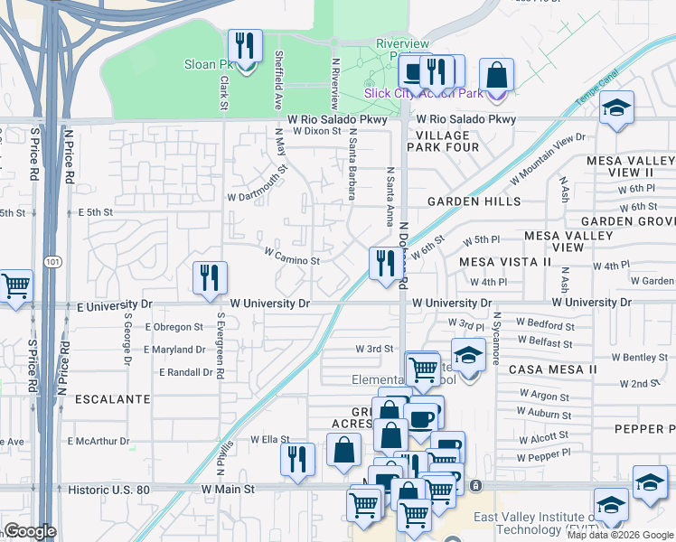 map of restaurants, bars, coffee shops, grocery stores, and more near 2240 West University Drive in Mesa