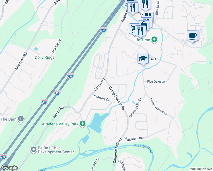 map of restaurants, bars, coffee shops, grocery stores, and more near 4117 Nekoosa Circle in Birmingham