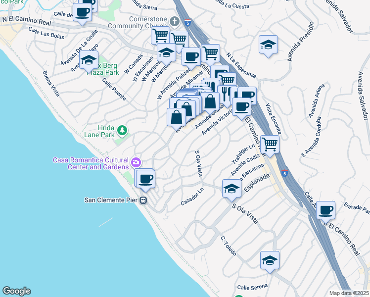 map of restaurants, bars, coffee shops, grocery stores, and more near 246 Avenida Victoria in San Clemente