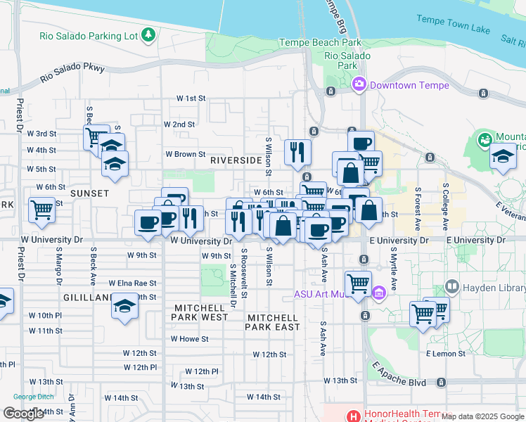 map of restaurants, bars, coffee shops, grocery stores, and more near 701 South Roosevelt Street in Tempe