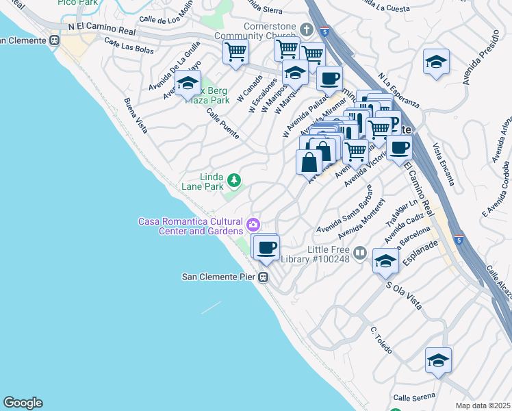 map of restaurants, bars, coffee shops, grocery stores, and more near 329 West Avenida Palizada in San Clemente