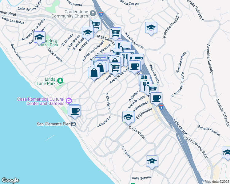 map of restaurants, bars, coffee shops, grocery stores, and more near 231 Avenida Santa Barbara in San Clemente