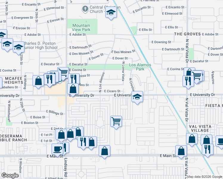 map of restaurants, bars, coffee shops, grocery stores, and more near 3102 East Cicero Street in Mesa