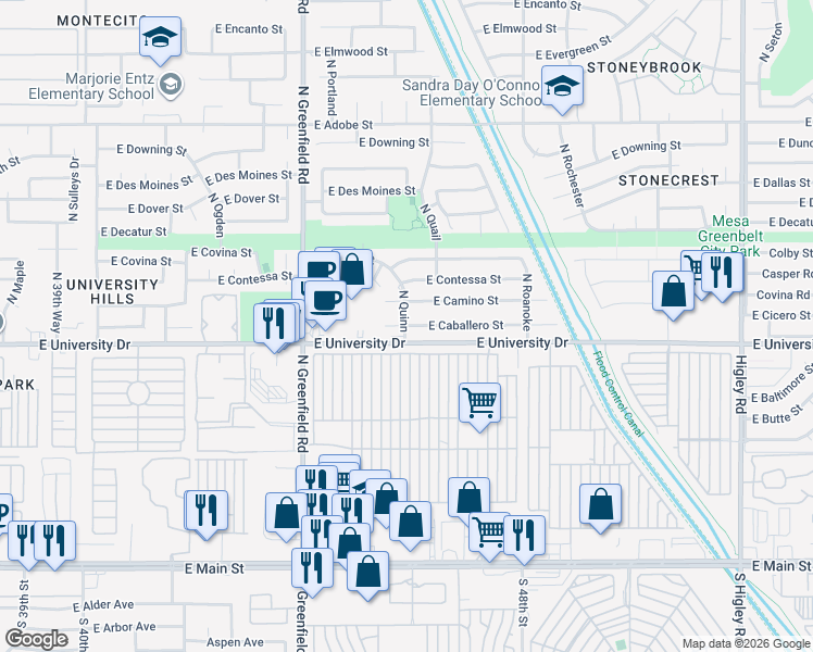 map of restaurants, bars, coffee shops, grocery stores, and more near 4601 East Caballero Street in Mesa