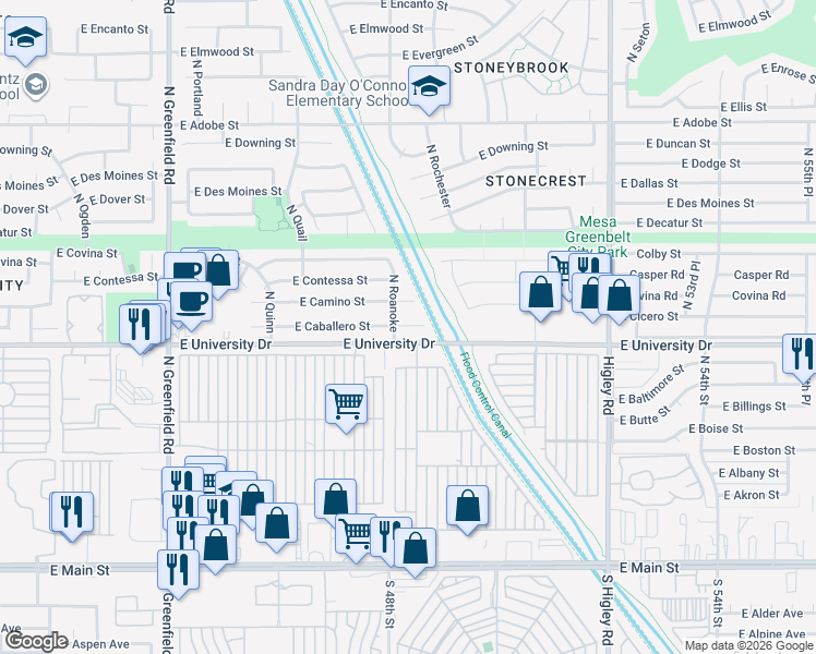 map of restaurants, bars, coffee shops, grocery stores, and more near 4845 East Caballero Circle in Mesa