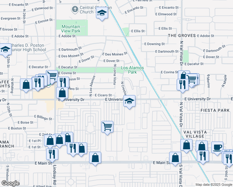 map of restaurants, bars, coffee shops, grocery stores, and more near 404 North Creston in Mesa