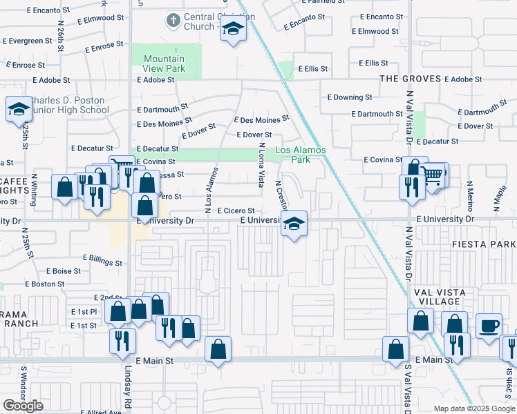 map of restaurants, bars, coffee shops, grocery stores, and more near 3136 East University Drive in Mesa