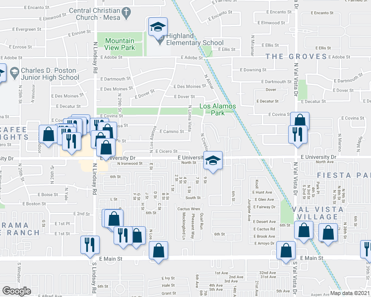 map of restaurants, bars, coffee shops, grocery stores, and more near 3136 East University Drive in Mesa