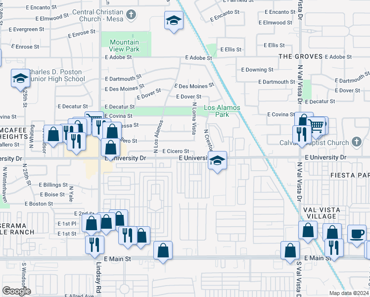 map of restaurants, bars, coffee shops, grocery stores, and more near 3136 East University Drive in Mesa