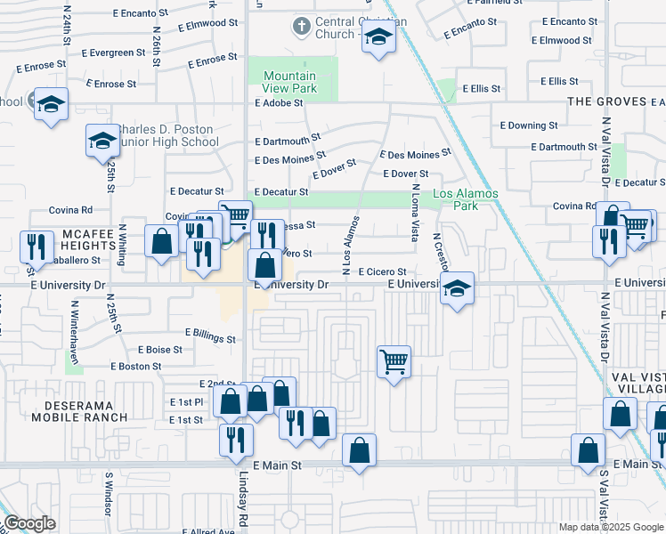 map of restaurants, bars, coffee shops, grocery stores, and more near 3012 East University Drive in Mesa